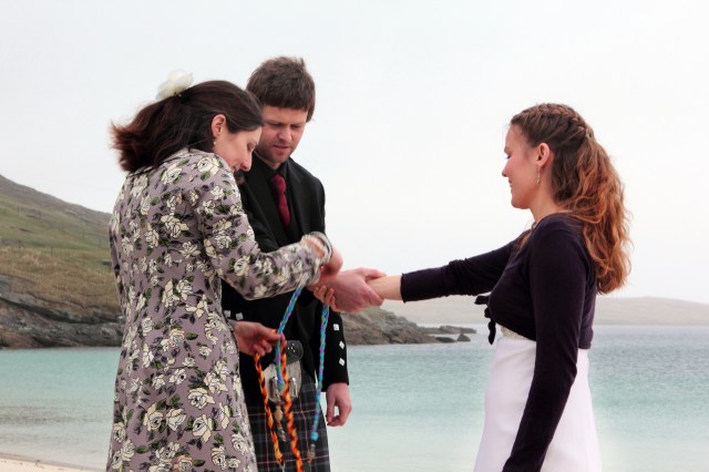 Scottish Handfasting Ceremony on a remote Hebridean beach conducted by Onie Tibbitt, Agnostic Scotland Wedding Celebrant.